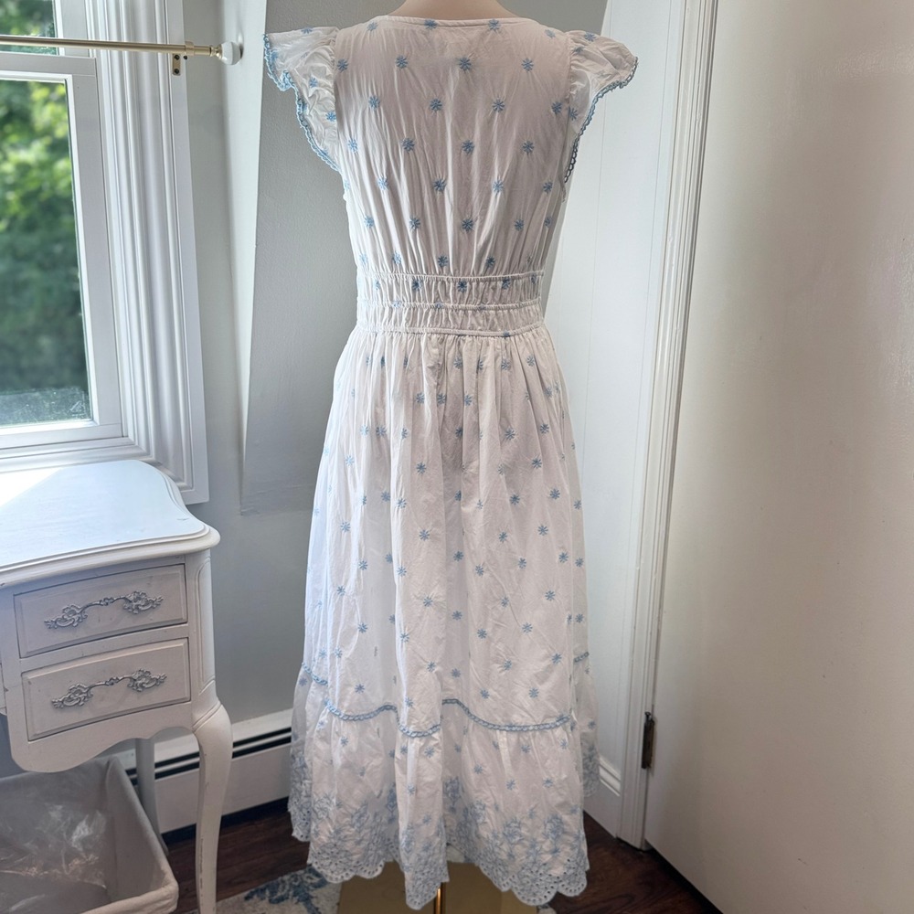 Rachel Zoe Blue/White Cotton Maxi Dress Eyelet Flutter Sleeve Romantic | Size 8 - Picture 2 of 13
